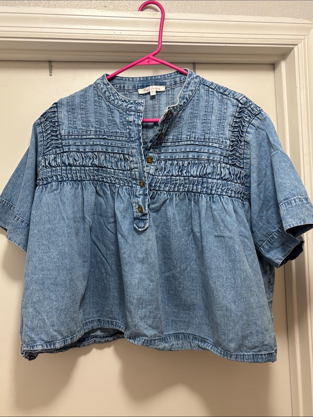 Solitaire Light Blue Denim Smocked Short-Sleeve Tunic